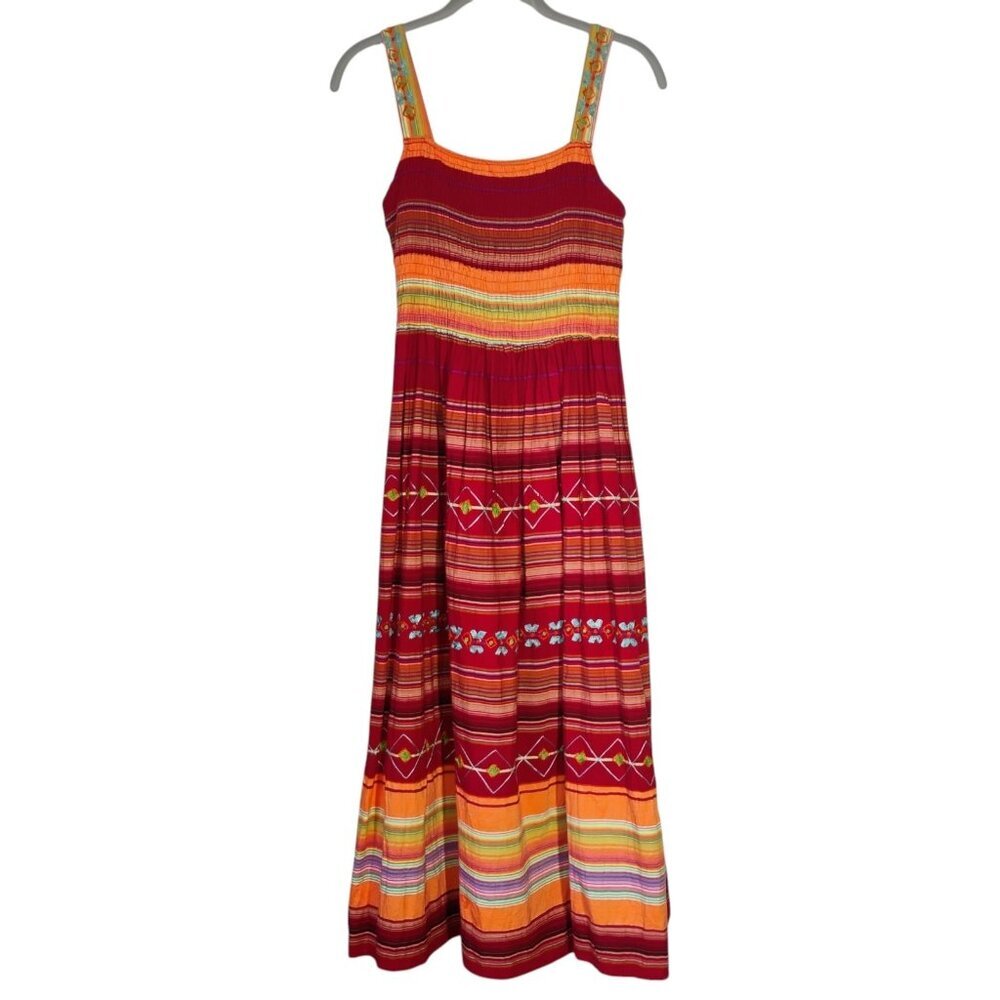 Coldwater Creek Smocked Midi Dress Womens Petite 6 Stripes Embroidered Aztec